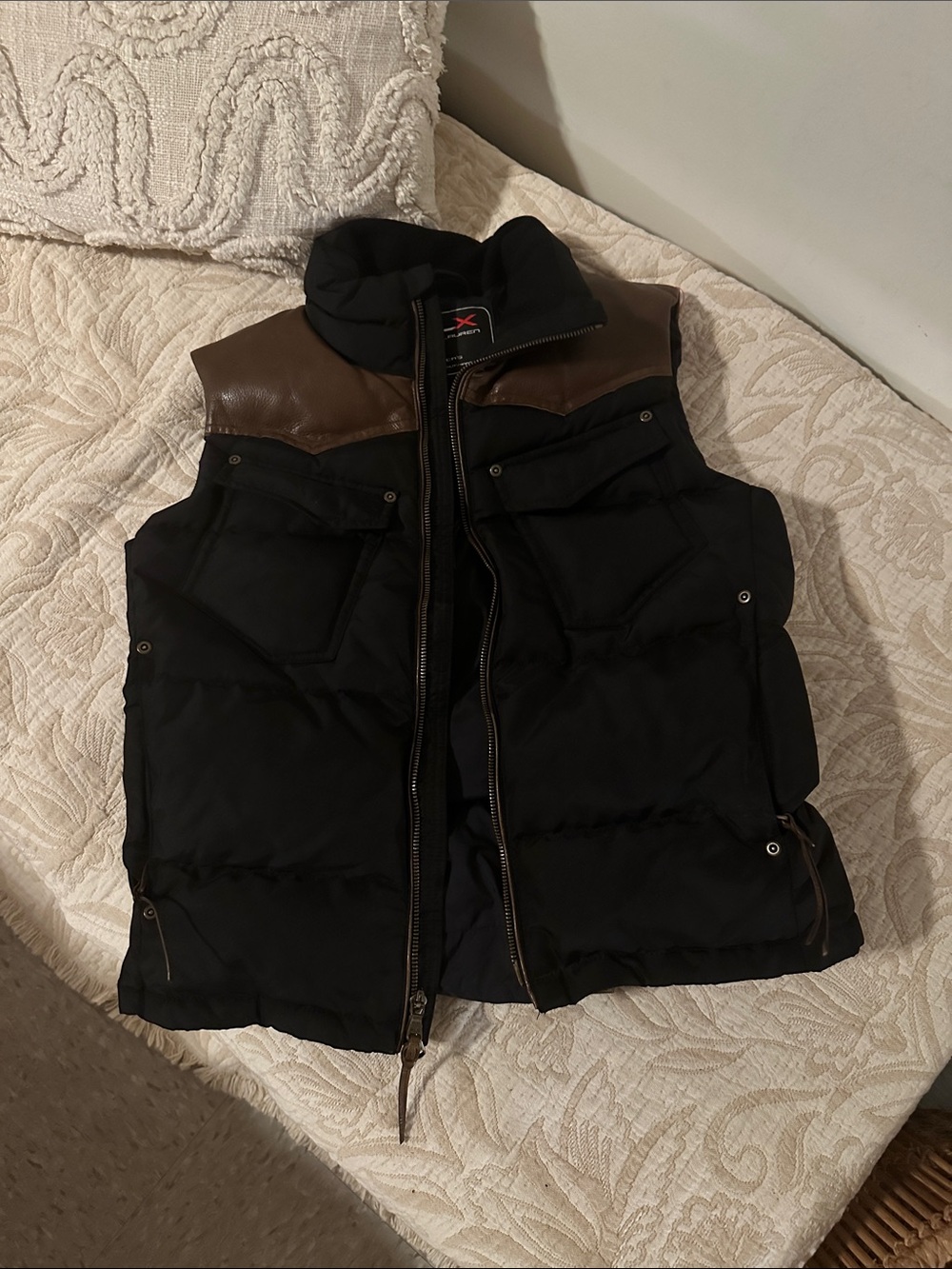 Ralph Lauren Black Quilted Puffer Vest with Brown Leather Yoke